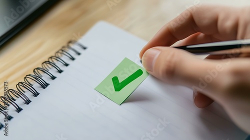 A hand placing a green checkmark sticker on a completed task in a paper planner