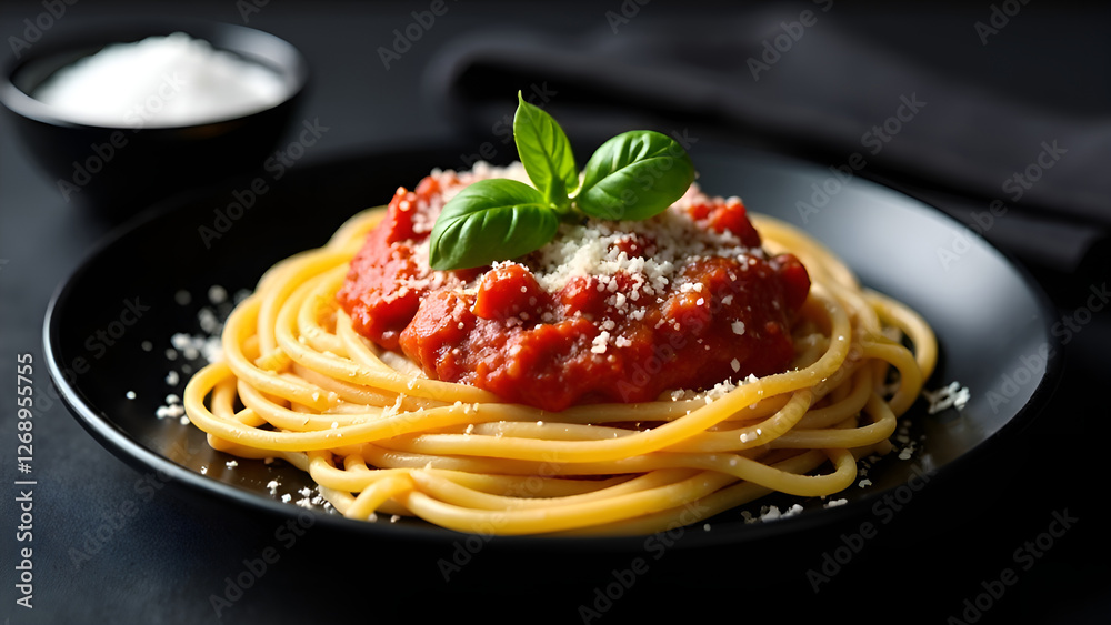 A black plate that is topped with delicious spaghetti and rich tomato sauce
