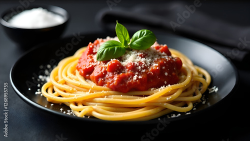 Obraz na płótnie A black plate that is topped with delicious spaghetti and rich tomato sauce w salonie
