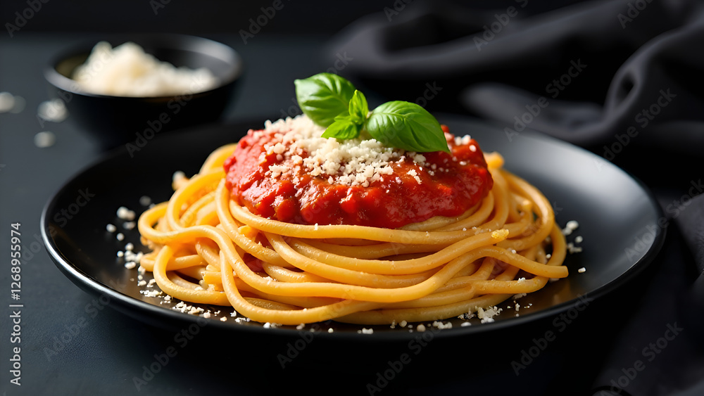 A black plate that is topped with delicious spaghetti and rich tomato sauce