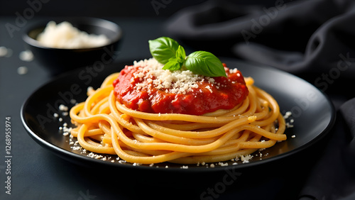Obraz na płótnie A black plate that is topped with delicious spaghetti and rich tomato sauce w salonie