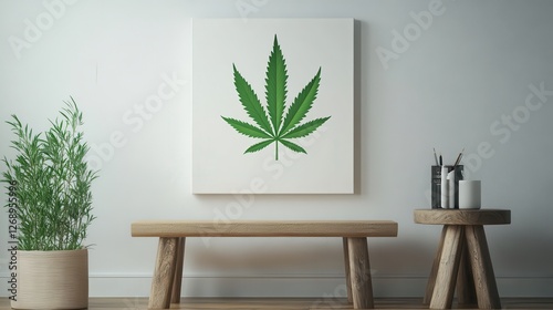 Leafy Artwork Displayed on Wall with Plant and Wooden Furniture photo