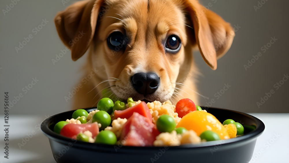 A small dog is intently gazing at a bowl filled with delicious food. Concept healthy food for pets.