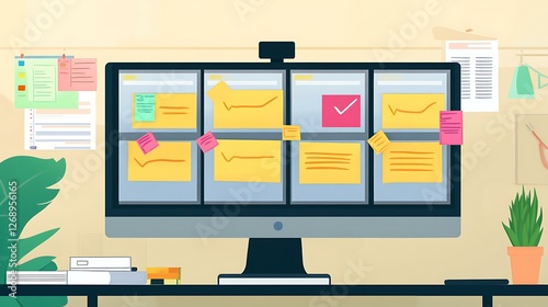 A colorful kanban board with sticky notes and checkmarks, representing agile project management photo