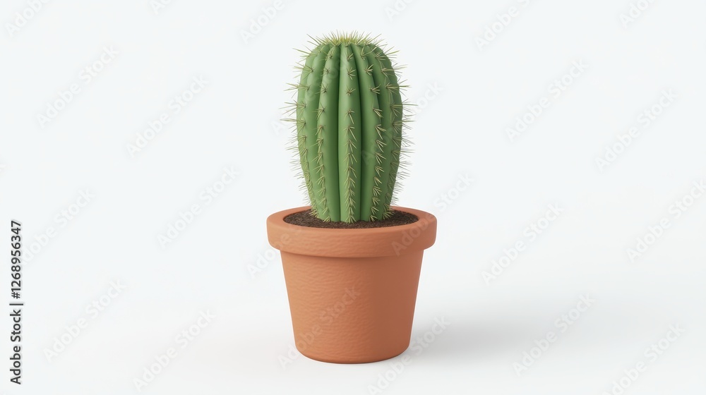 Green Cactus Plant in Simple Clay Pot on White Background Green Cactus Plant in Simple Clay Pot on White Background