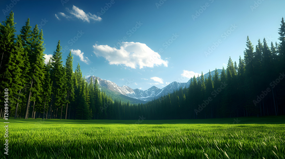 Fototapeta premium Lush Green Field Surrounded by Evergreen Trees With Distant Mountains Under a Bright Blue Sky