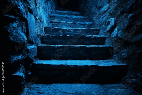 Eerie blue lit ancient stone stairway descending into darkness with a fantastical atmosphere photo