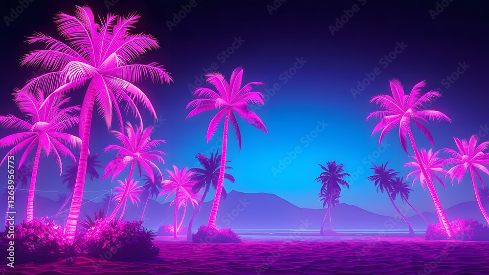 Naklejka premium Neon pink palm trees with a vibrant sunset background for tropical and retro themed design projects