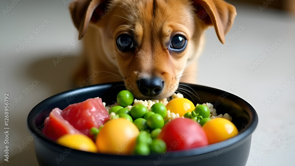 A small dog is intently gazing at a bowl filled with delicious food. Concept healthy food for pets.