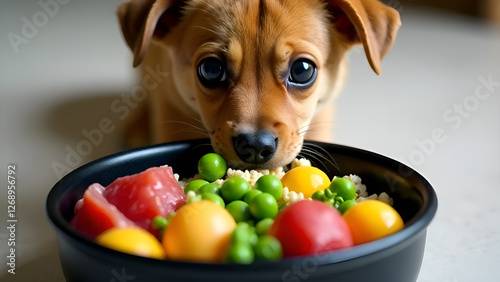 Obraz na płótnie A small dog is intently gazing at a bowl filled with delicious food. Concept healthy food for pets. w salonie