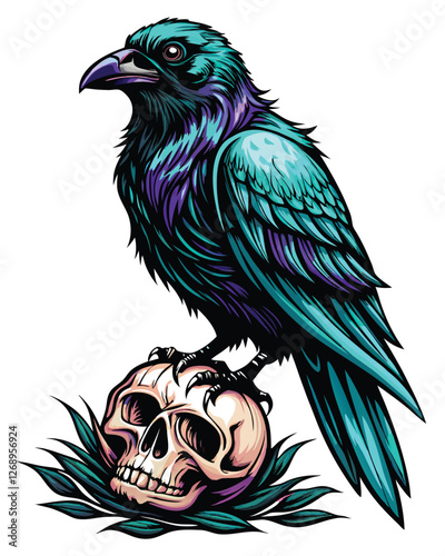 A gothic-style crow, rendered in bold black lines, perched dramatically atop a human skull.  Detailed feathers and skull texture.