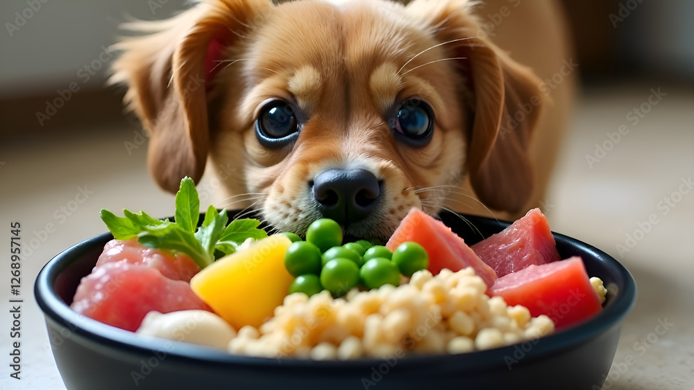 A small dog is intently gazing at a bowl filled with delicious food. Concept healthy food for pets.