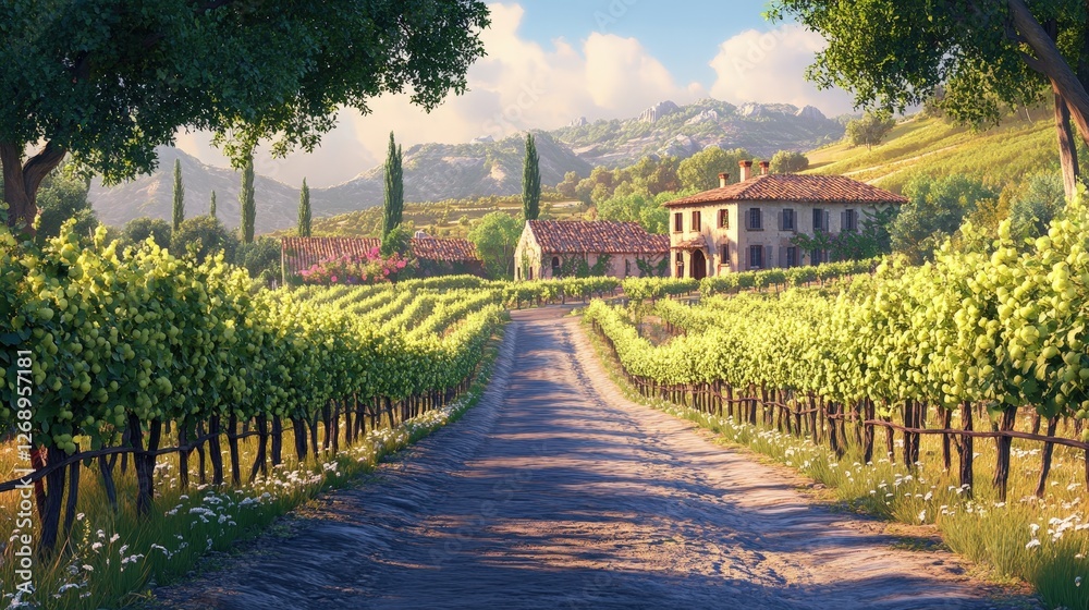 Naklejka premium A road cutting through a lush vineyard, with rows of grapevines on either side.