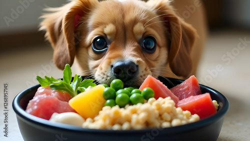 Obraz na płótnie A small dog is intently gazing at a bowl filled with delicious food. Concept healthy food for pets. w salonie