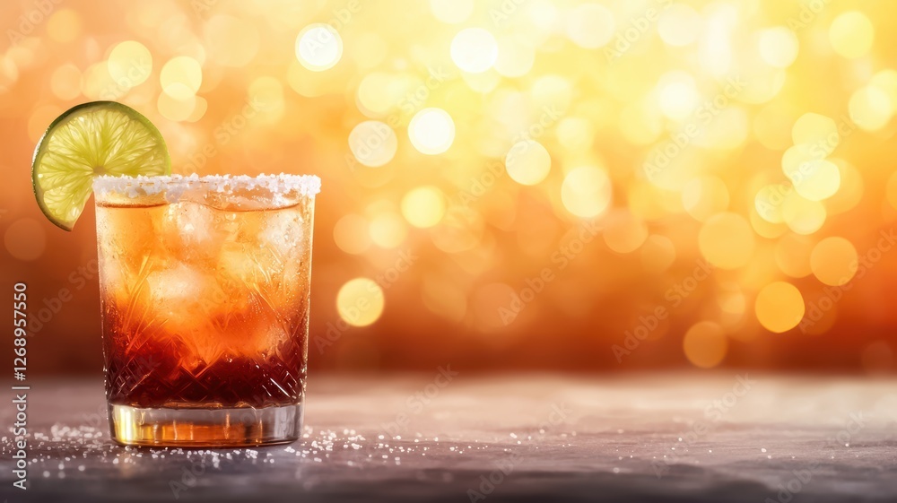 A refreshing cocktail with lime on the rim, served in a glass, surrounded by a warm, sparkling background. A refreshing cocktail with lime on the rim, served in a glass, surrounded by a warm, sparkling background.