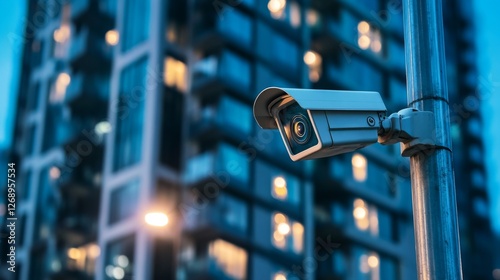 Fototapeta Naklejka Na Ścianę i Meble -  Surveillance camera on urban street at dusk in city with illuminated modern buildings