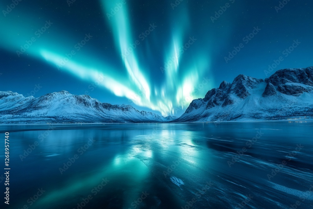 Fototapeta premium Stunning northern lights over snowy mountain landscape