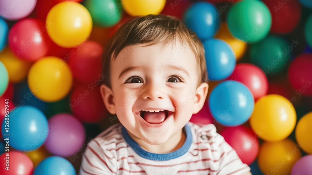 A joyful baby smiles widely while surrounded by colorful plastic balls, creating a vibrant and playful atmosphere. A joyful baby smiles widely while surrounded by colorful plastic balls, creating a vibrant and playful atmosphere.