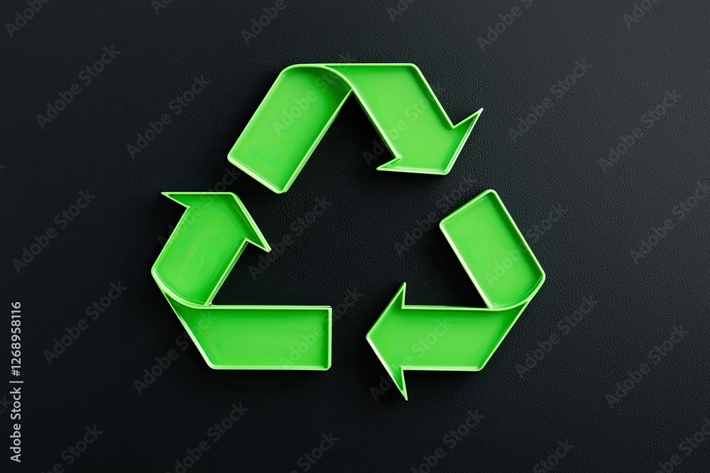 Obraz premium A green recycling symbol on a dark background, representing sustainability and eco-friendly practices.