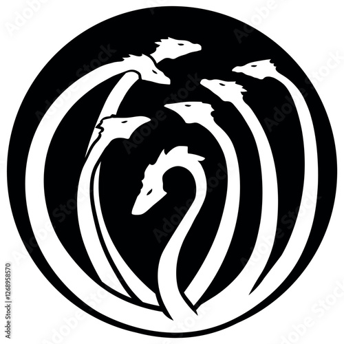 Black and white Hydra design featuring symmetrically arranged serpent heads