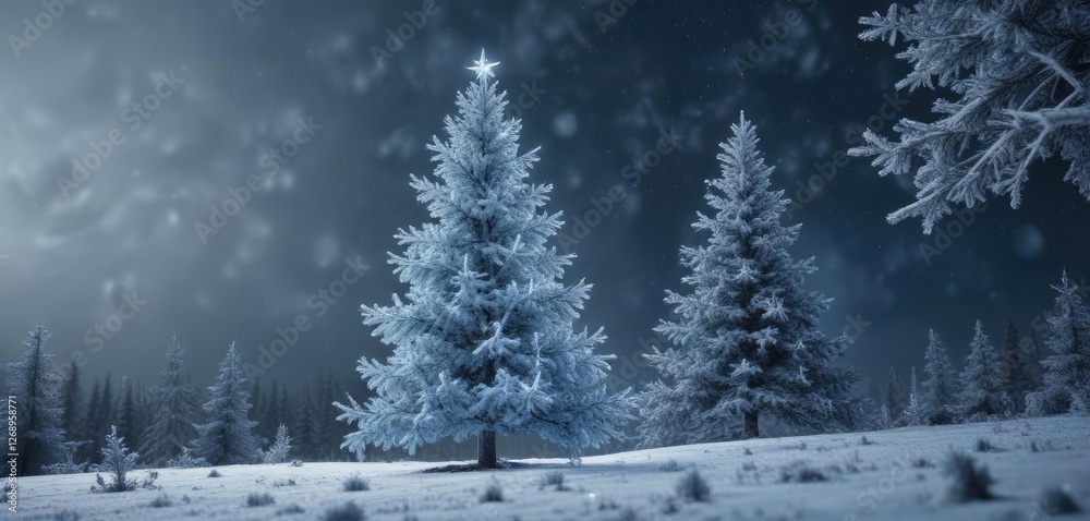 Delicate snowflakes dancing in the air above a frosty blue Christmas tree, winter wonderland, cold weather Delicate snowflakes dancing in the air above a frosty blue Christmas tree, winter wonderland, cold weather