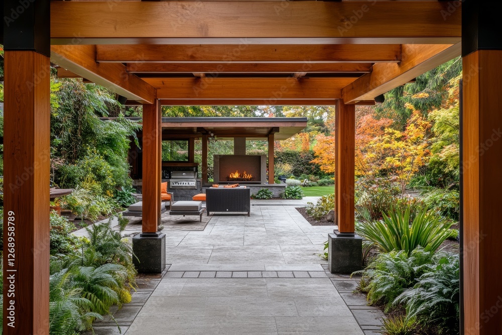 Inviting outdoor covered patio with wooden beams, fireplace, built in grill, and lush landscaping. Inviting outdoor covered patio with wooden beams, fireplace, built in grill, and lush landscaping.