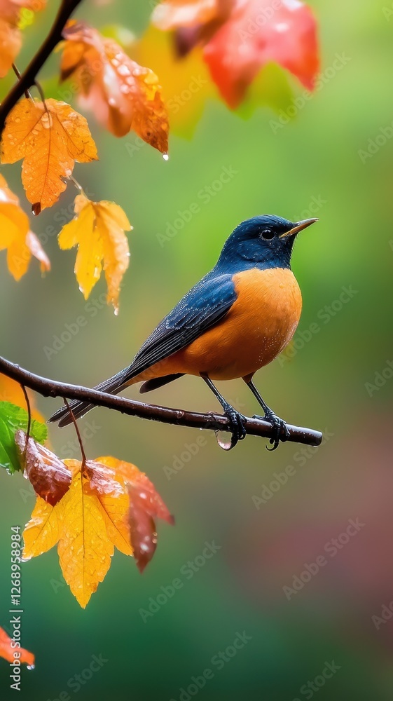 A vibrant bird perches on a branch adorned with colorful autumn leaves, showcasing nature's beauty and seasonal change. A vibrant bird perches on a branch adorned with colorful autumn leaves, showcasing nature's beauty and seasonal change.