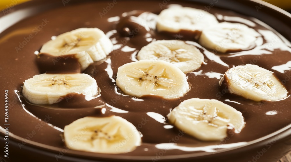 Creamy chocolate pudding with sliced bananas in a bowl Creamy chocolate pudding with sliced bananas in a bowl