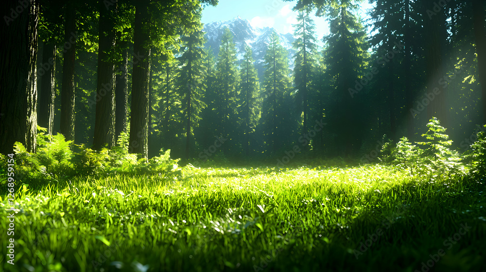 Fototapeta premium Lush Green Forest Meadow with Sunlight Streaming Through Tall Trees in a Natural Environment