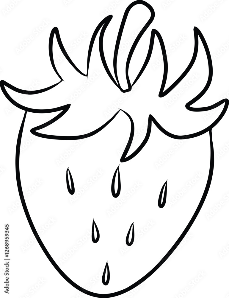 Black-and-white line illustration of a strawberry with detail of seeds and leaves drawn. Black-and-white line illustration of a strawberry with detail of seeds and leaves drawn.