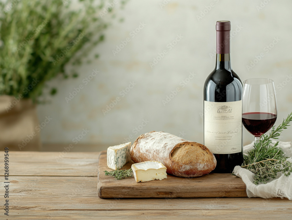 Fotografie bread, cheese and sausages on rustic wooden table