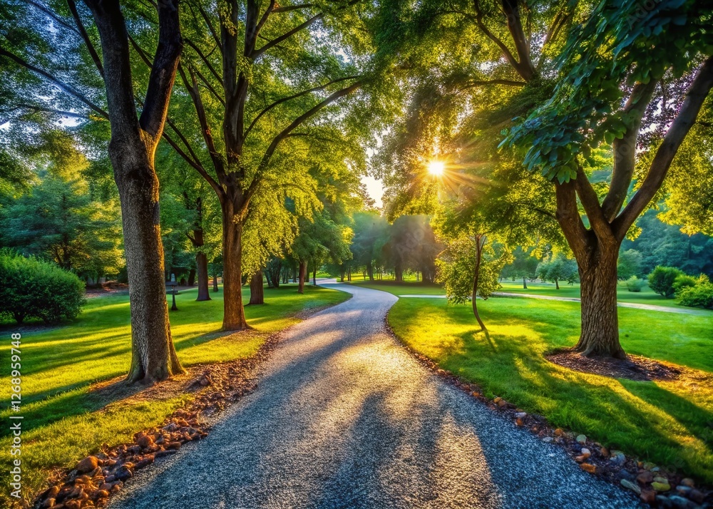 Gravel Path Park Walkway: Nature Trail Scene, Summer Day Sunlight Gravel Path Park Walkway: Nature Trail Scene, Summer Day Sunlight