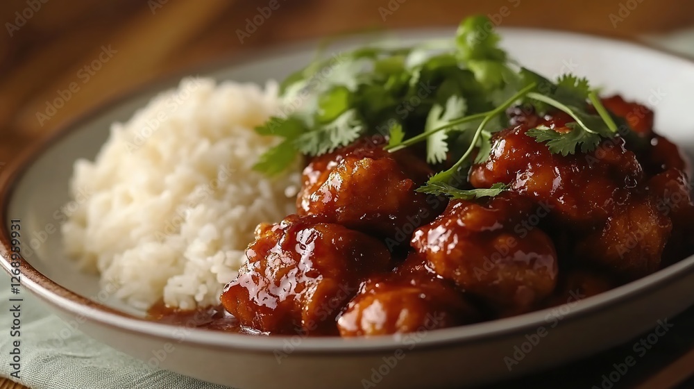 Crispy General Tsoa's Chicken, drizzled with sweet and sour sauce, topped with sesame seeds and green onions, served with rice Crispy General Tsoa's Chicken, drizzled with sweet and sour sauce, topped with sesame seeds and green onions, served with rice