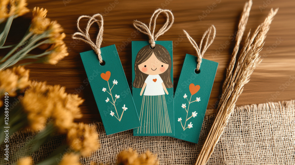Handmade bookmarks with love-themed illustrations, Charming handmade bookmarks featuring floral designs and a cheerful character, perfect for avid readers and craft enthusiasts. Handmade bookmarks with love-themed illustrations, Charming handmade bookmarks featuring floral designs and a cheerful character, perfect for avid readers and craft enthusiasts.