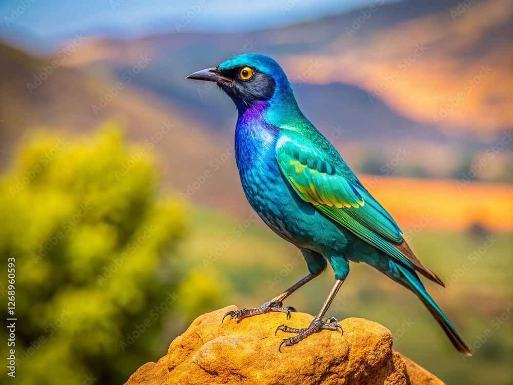 Obraz premium Greater Blue-eared Starling in Lalibela, Ethiopia - Vibrant Landscape Photography