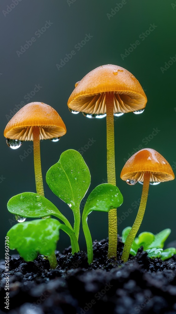 Three orange mushrooms grow beside vibrant green leaves, glistening with droplets of water on a dark, fertile soil background. Three orange mushrooms grow beside vibrant green leaves, glistening with droplets of water on a dark, fertile soil background.