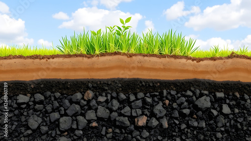 Cross-section of soil with green grass on top, perfect for agriculture, environmental science, or educational projects related to earth and nature photo