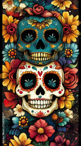 Vibrant Mexican Sugar Skulls with Floral Design for Day of the Dead Celebration