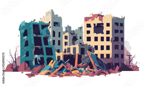 Urban Desolation With Demolished Buildings in Minimalist Vector Style Illustration