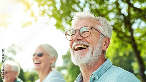 A group of seniors laughing and chatting as they participate in a lively yoga class, demonstrating their flexibility and vitality.