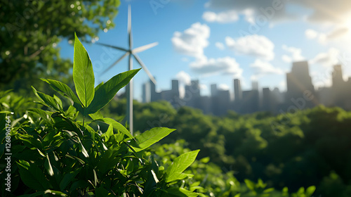 Lush Green Leaves Against Skyline with Wind Turbine and a City in the Soft Sunlight