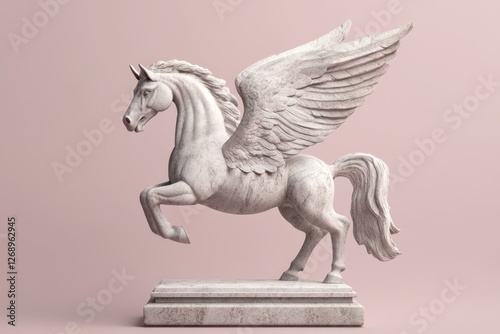 Marble pegasus sculpture on pedestal against a pink background
