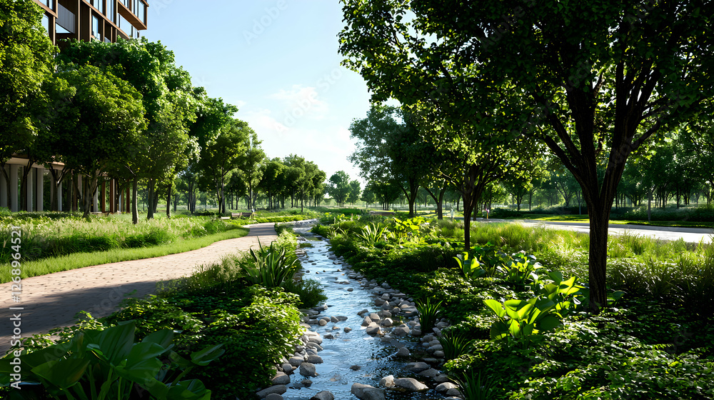 Lush Green Urban Stream with Trees on Sunny Day Tranquil Scene Lush Green Urban Stream with Trees on Sunny Day Tranquil Scene