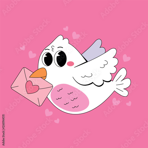 Cute white bird with love ketter cartoon