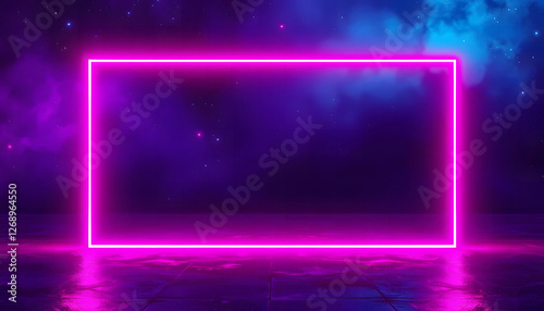 Neon pink glowing rectangular frame in a space-like background with clouds and stars, futuristic digital concept perfect for sci-fi and tech designs photo