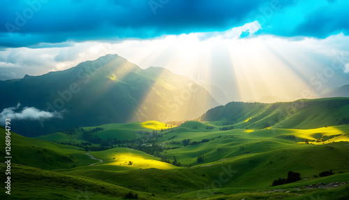 Sunrays breaking through clouds over green hills and mountain landscape, serene natural beauty and peaceful scene with dramatic lighting in nature photo