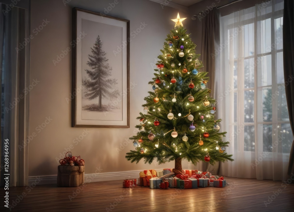 Festive Christmas tree decorated with lights and ornaments, holiday, lights, Christmas tree Festive Christmas tree decorated with lights and ornaments, holiday, lights, Christmas tree