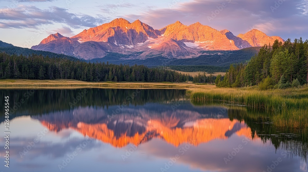 Fototapeta premium Breathtaking mountain landscape with vibrant reflections shimmering on a serene lake, golden sunrise hues, peaceful and majestic scenery.