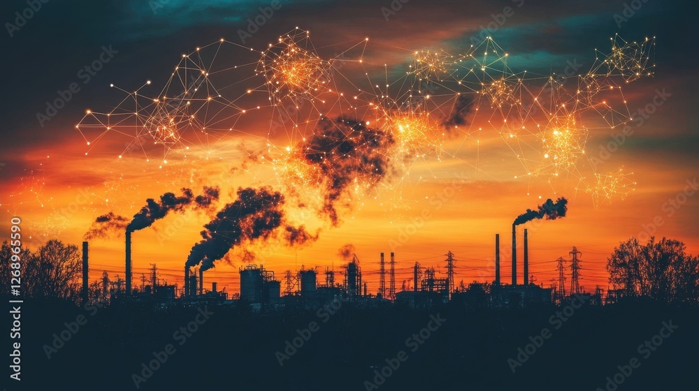A smart sensor network tracking carbon emissions in an industrial complex. A smart sensor network tracking carbon emissions in an industrial complex.
