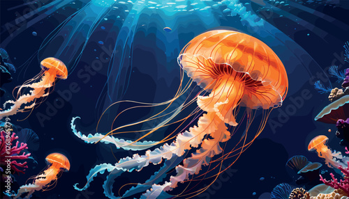 Glowing Jellyfish Floating in Deep Ocean Waters